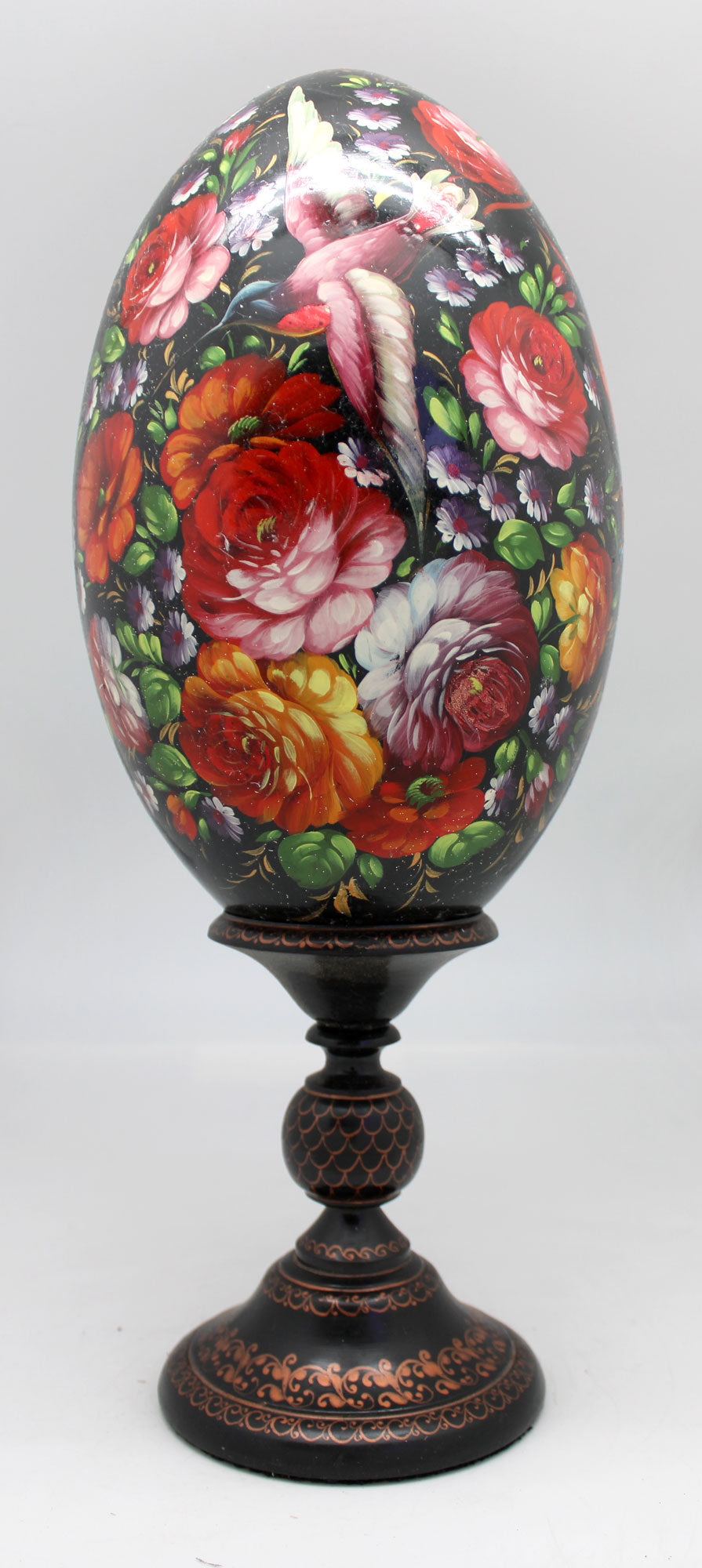 One-of-a-Kind Easter Egg Zhostovo Floral Birds Authentic Hand-Painted Wooden Decor 11 Tall by G. Debrekht - Functional Kitchenware for Table and Unique Wall Decor