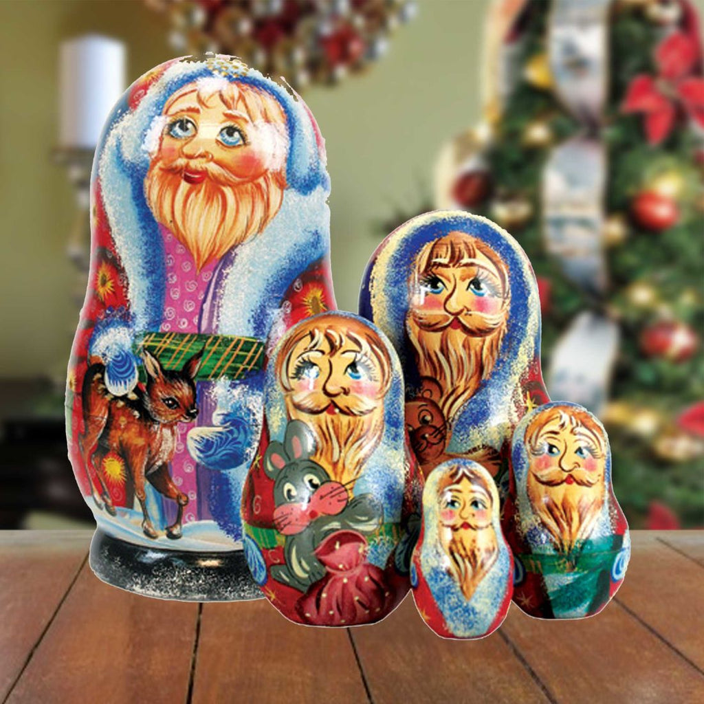 Santa Reindeer Friend Matreshka Nesting Hand-Painted Doll Set of 5 by G. DeBrekht - Christmas Santa Snowman Decor - 110072