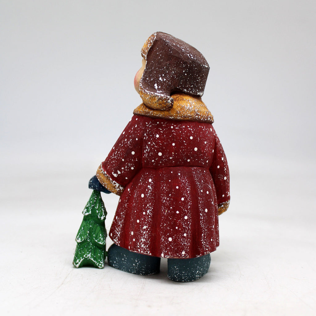 One-of-a-Kind Boy with Christmas Tree WOODCARVED Figurine 5x3x2 inches by G. Debrekht - Unique Handcrafted and Hand-Painted Collectible