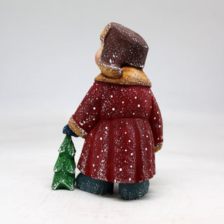 One-of-a-Kind Boy with Christmas Tree WOODCARVED Figurine 5x3x2 inches by G. Debrekht - Unique Handcrafted and Hand-Painted Collectible