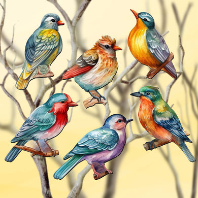 Forest birds Clip-On Eco Wood Decorative Ornaments Set of 6 by G. Debrekht - Christmas Decor - 8090015C-S6