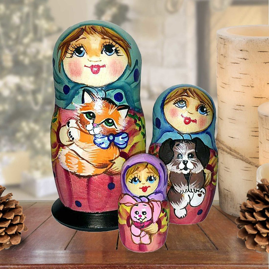 Friendship Cat and Dog Matreshka Nesting Hand-Painted Doll Set of 3 by G. DeBrekht - Pets Dog and Cats Decor - 14732