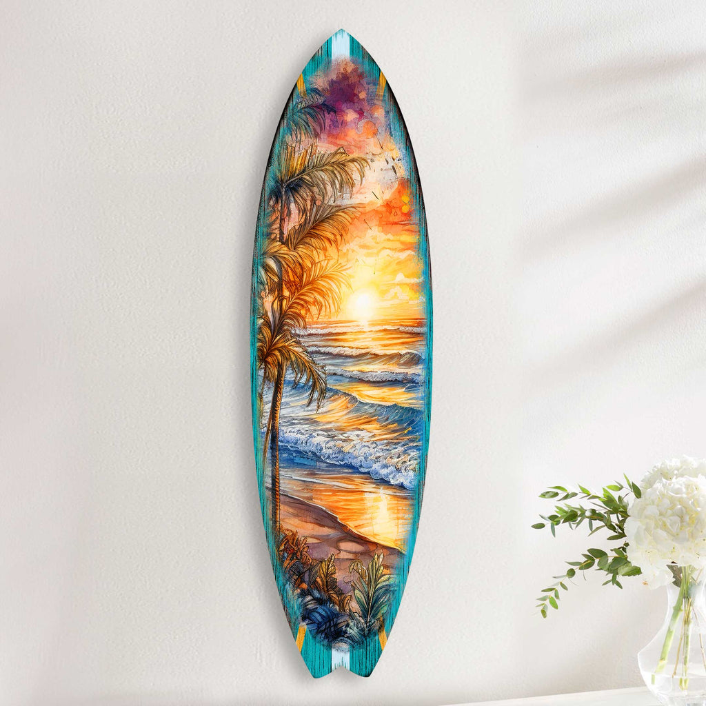 Surfboard Coastal Wall Art - Golden Waves Ocean Sunset Wall Art by G. DeBrekht - Coastal Holiday Decor - 8490136HS