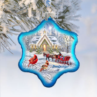 Sleigh Ride Snowflake Glass Ornament by D. Gelsinger - Christmas Santa Snowman Decor - 754-104-DG