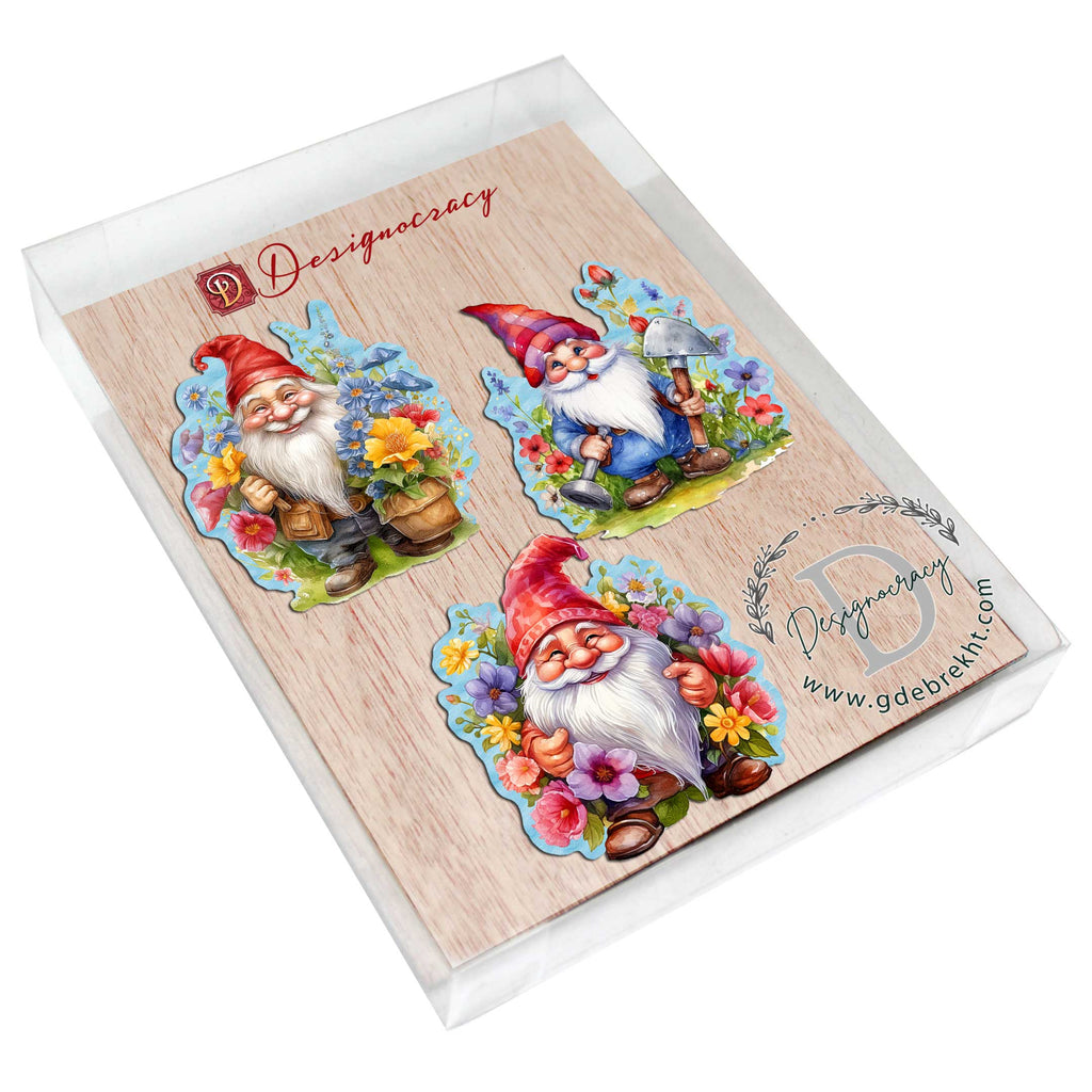 Garden Gnomes Decorative Eco Wood Ornaments Set of 3 by G. Debrekht - Spring Easter Decor - 8091030-S3
