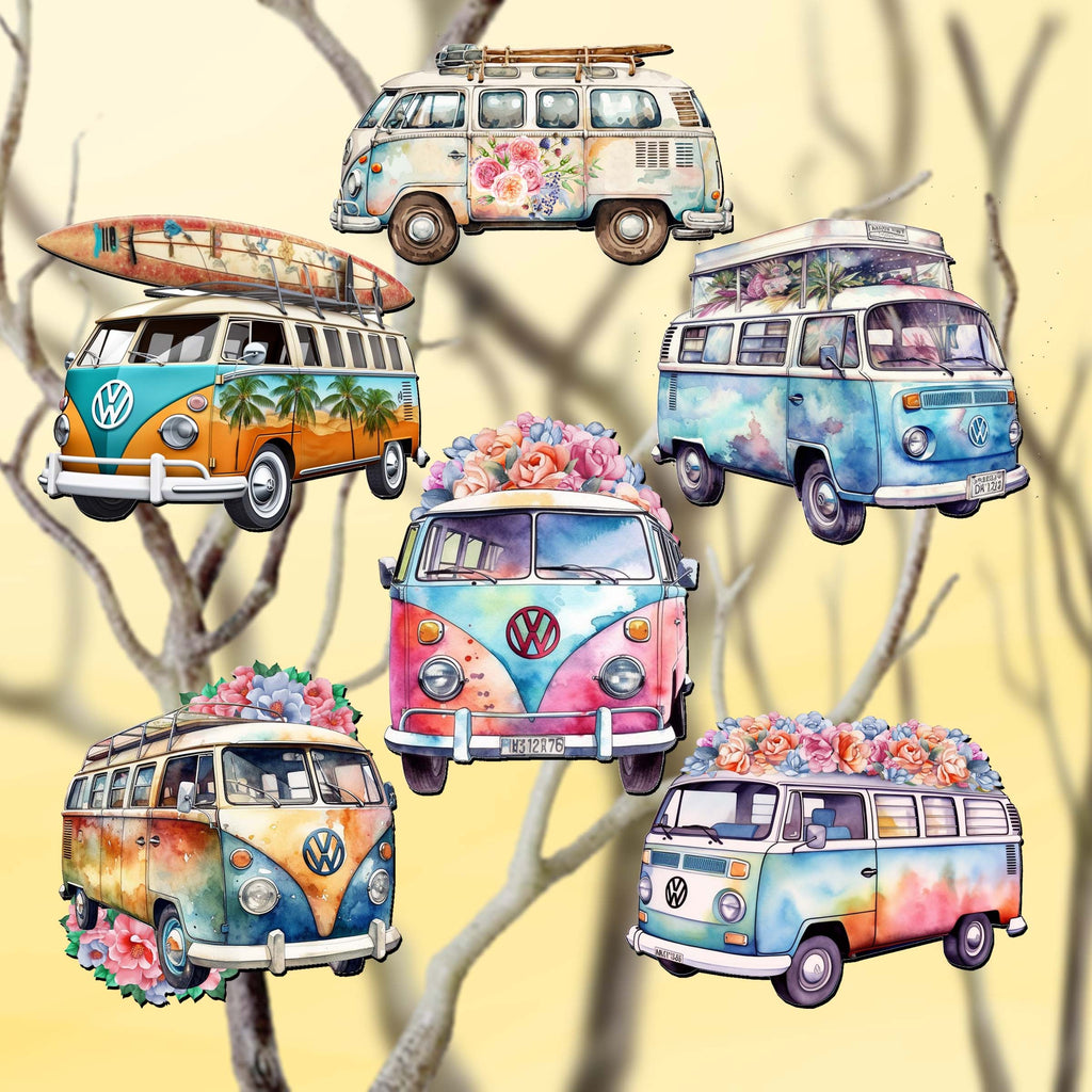 Surf Vans Clip-On Eco Wood Decorative Ornaments Set of 6 by G. Debrekht - Christmas Decor - 8090040C-S6