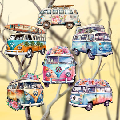 Surf Vans Clip-On Eco Wood Decorative Ornaments Set of 6 by G. Debrekht - Christmas Decor - 8090040C-S6