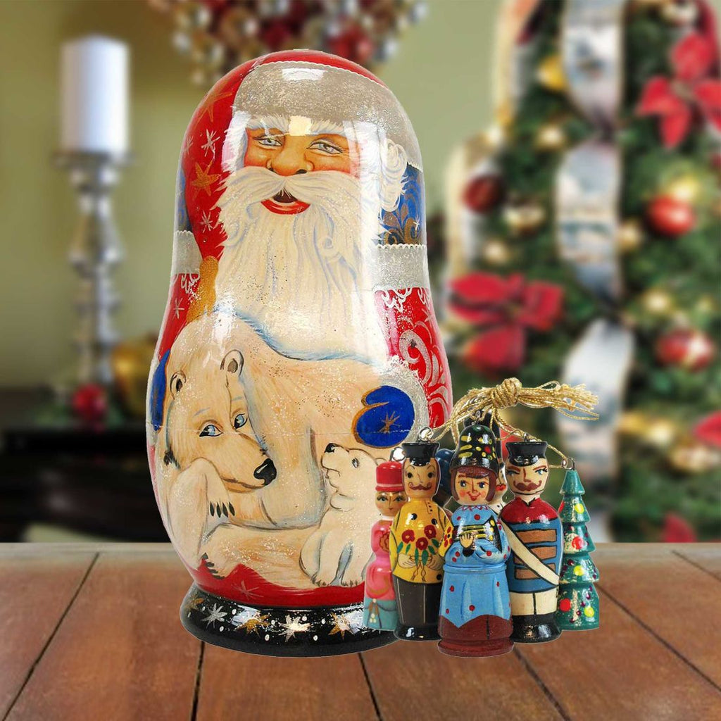Polar Bear Santa Hand-Painted Doll with Set of Wooden Ornaments by G. DeBrekht - Wildlife Holiday Decor - 110718