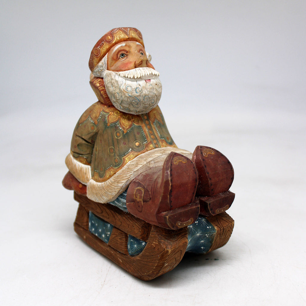 One-of-a-Kind Santa on Sleigh WOODCARVED Figurine 5.5x4x3