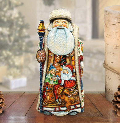 A colorful and detailed figurine of Santa Claus, with intricate details and vibrant colors, is displayed on a wooden surface.