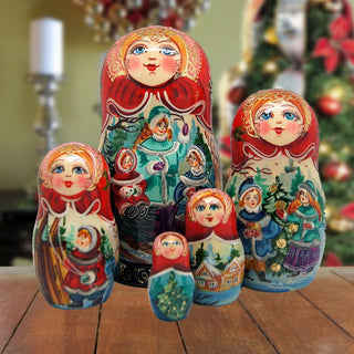 Happiest of The Holidays Matreshka Nesting Hand-Painted Dolls Set of 5 by G. DeBrekht - Christmas Decor - 110173