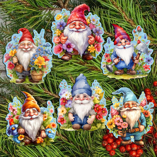 Garden Gnomes Clip-On Eco Wood Decorative Ornaments Set of 6 by G. Debrekht - Christmas Decor - 8090030C-S6