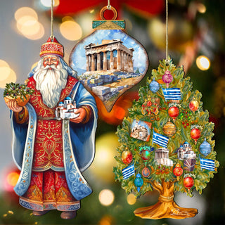 Santas Around the World - Greece Inspired Santa - Eco Wood Ornaments Set of 3 by G. DeBrekht Christmas Santa Snowman Decor - 8091316S3