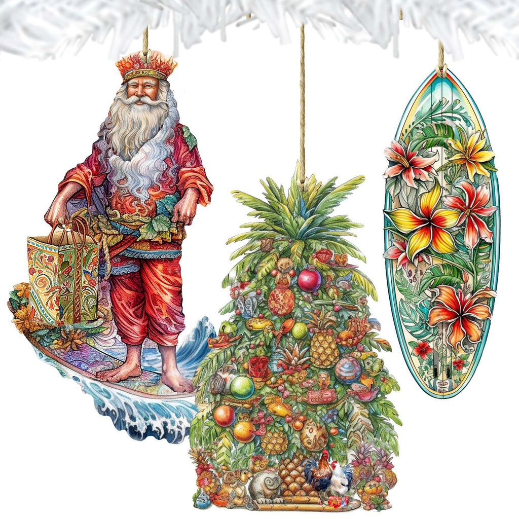 Santas Around the World - Hawaiian Inspired Santa - Eco Wood Ornaments Set of 3 by G. DeBrekht Christmas Santa Snowman Decor - 8091313S3
