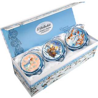 A set of three decorative ornaments in a blue box, each with a unique design.