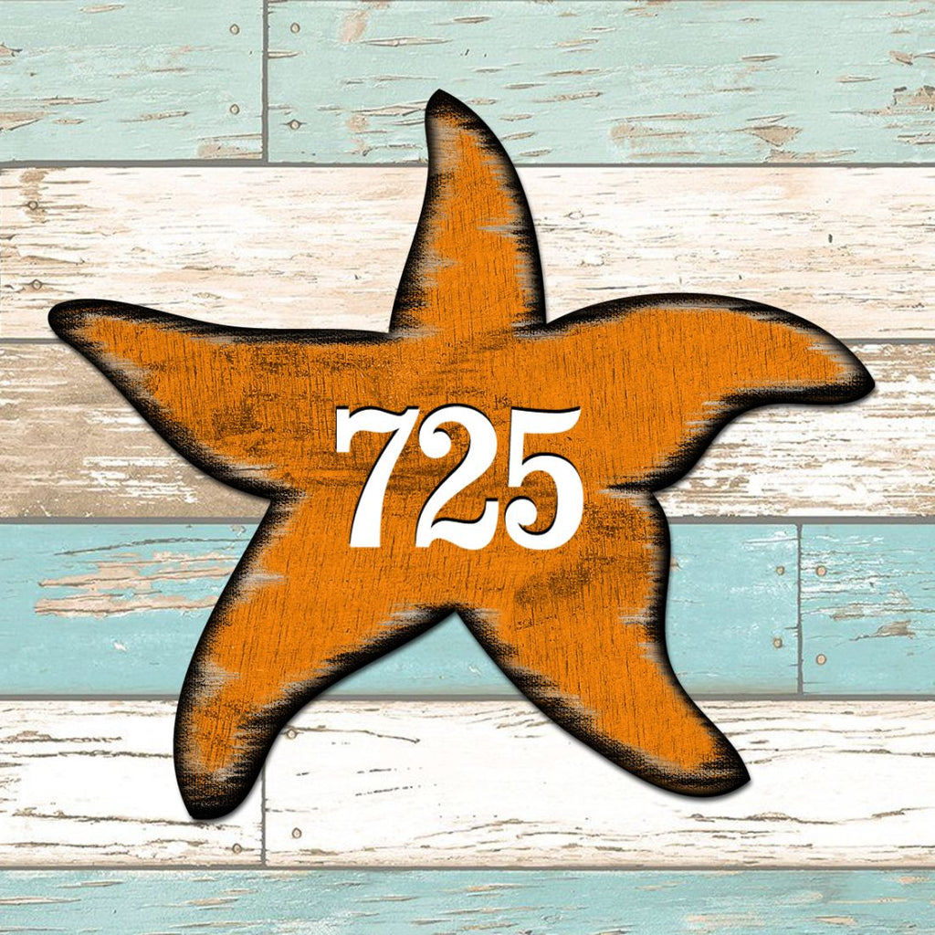 Orange Starfish Sports Car Personalized House Number Sign by G. Debrekht - Coastal Sea-Life Decor - Handcrafted Wooden Handcrafted Wooden Address Sign - MA985312