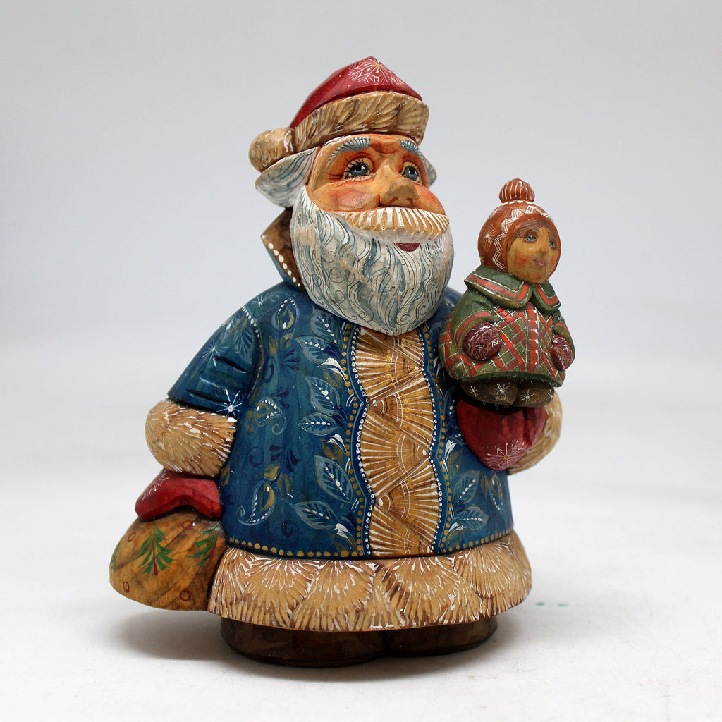 One-of-a-Kind Santa with Girl WOODCARVED Figurine 5.5x4x2.5