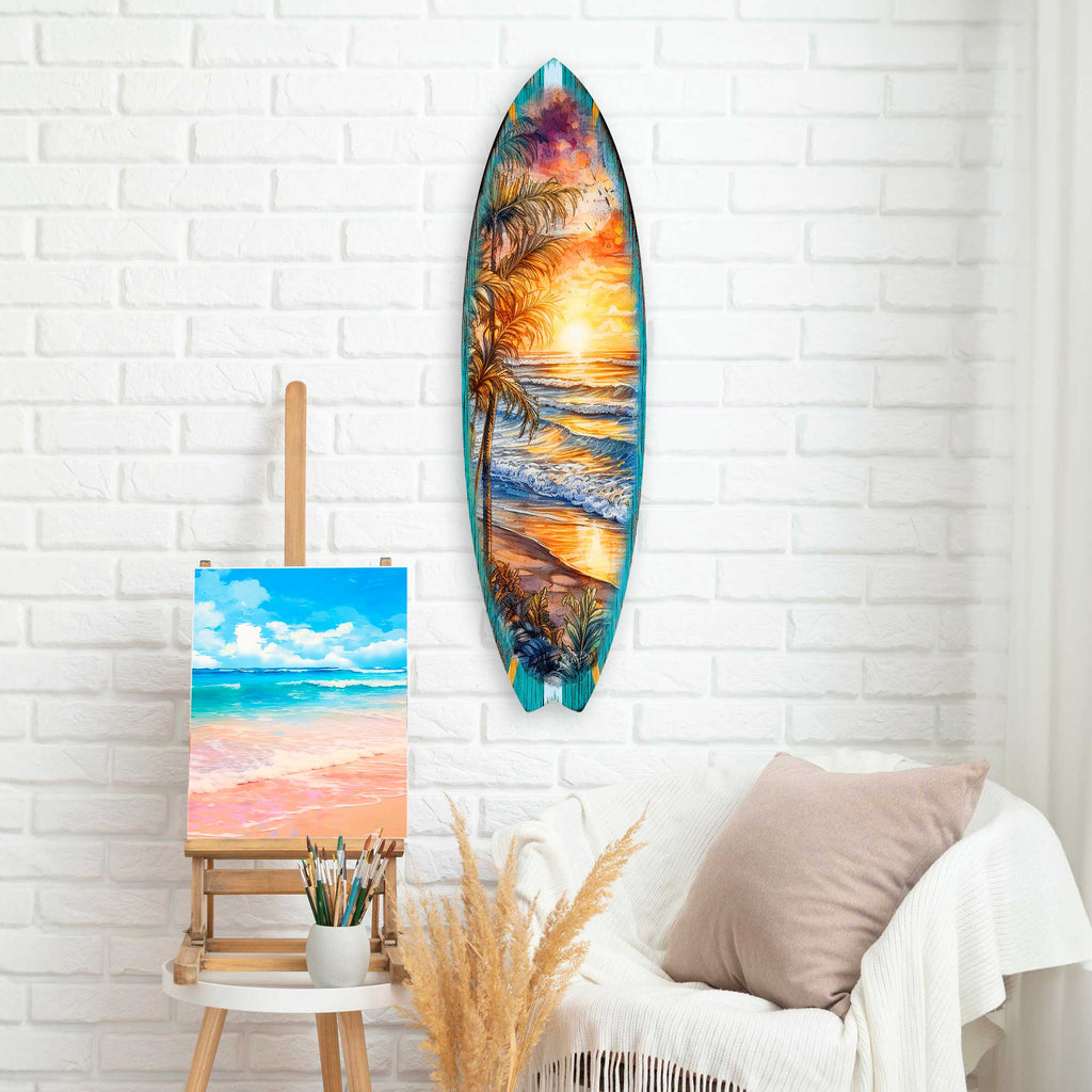 Surfboard Coastal Wall Art - Golden Waves Ocean Sunset Wall Art by G. DeBrekht - Coastal Holiday Decor - 8490136HS