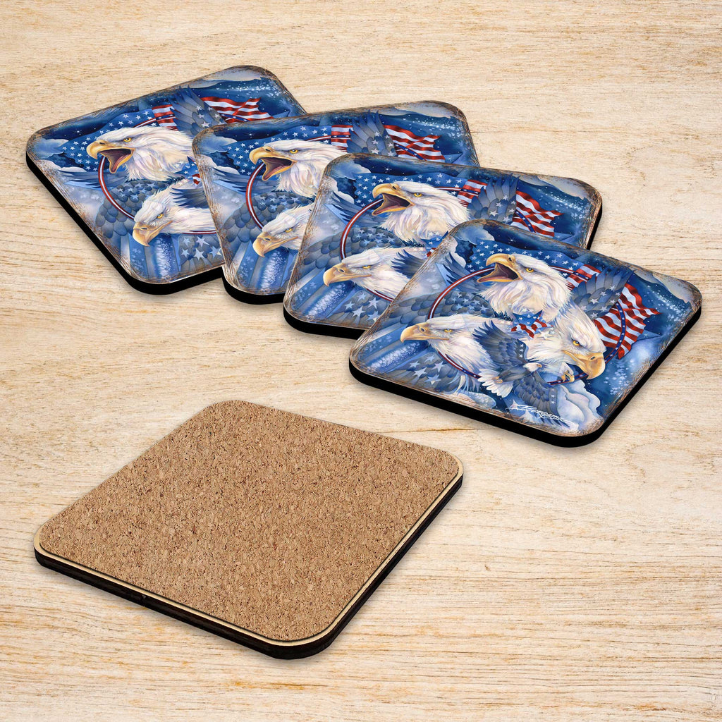 Allegiance American Patriotic Eagles Wooden Cork Coasters Gift Set of 4 by J. Bergsma - Wildlife Decor - 8199470C-S4