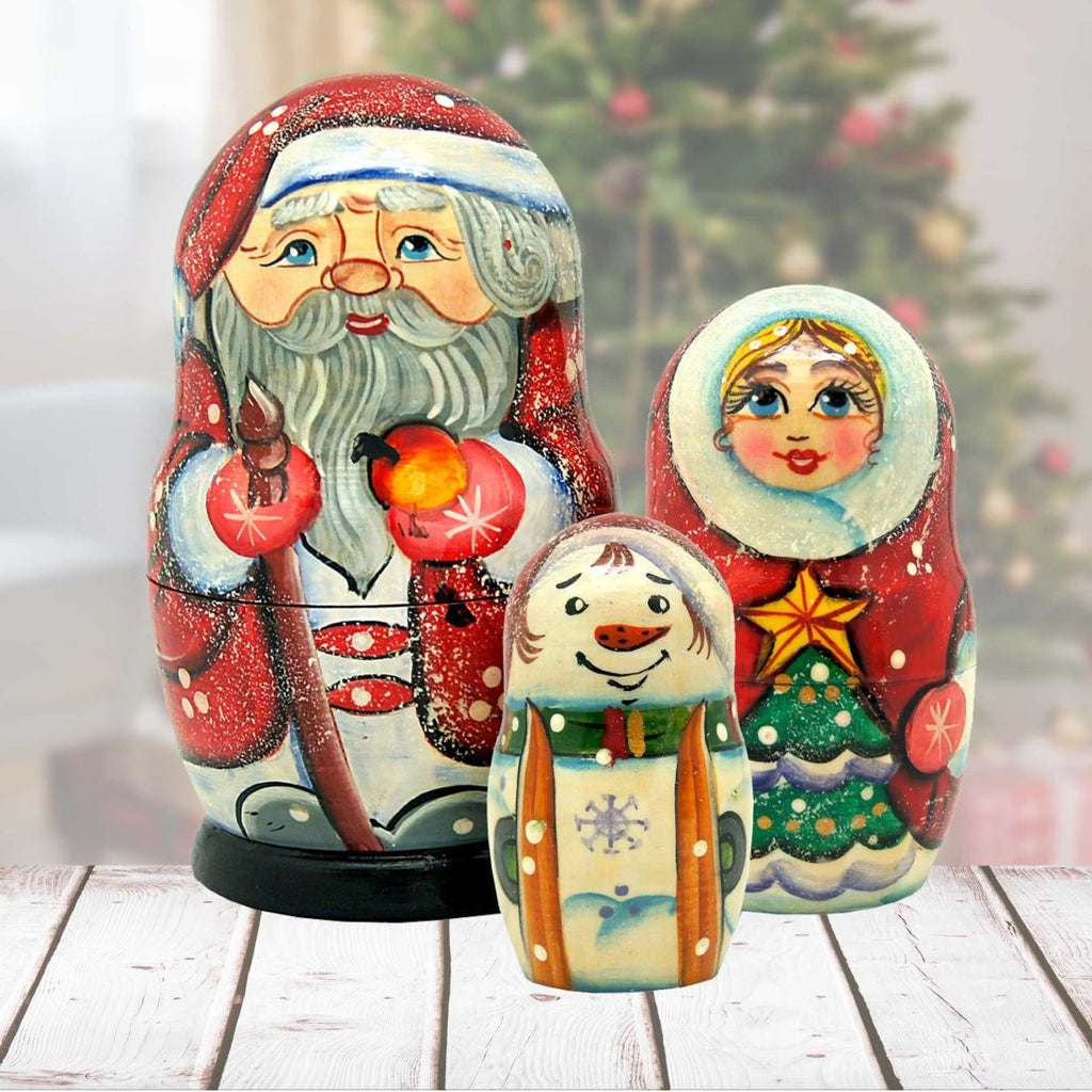 Santa Family Matreshka Nesting Hand-Painted Doll Set of 3 by G. DeBrekht - Christmas Santa Snowman Decor - 110572