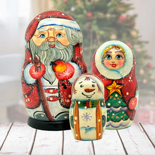 Santa Family Matreshka Nesting Hand-Painted Doll Set of 3 by G. DeBrekht - Christmas Santa Snowman Decor - 110572