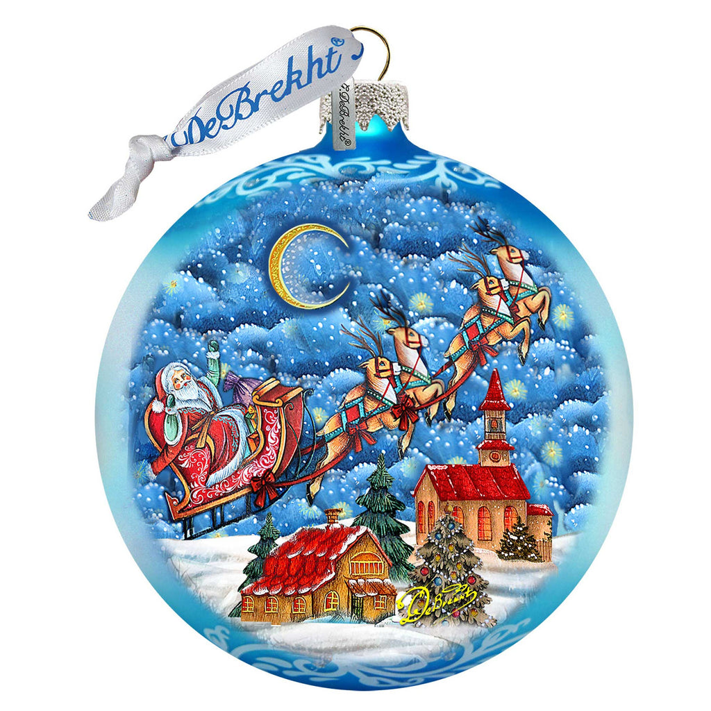 Sleighing in the Night Skies Glass Ornament Limited Edition by G. DeBrekht - Christmas Santa Snowman Decor - 73904