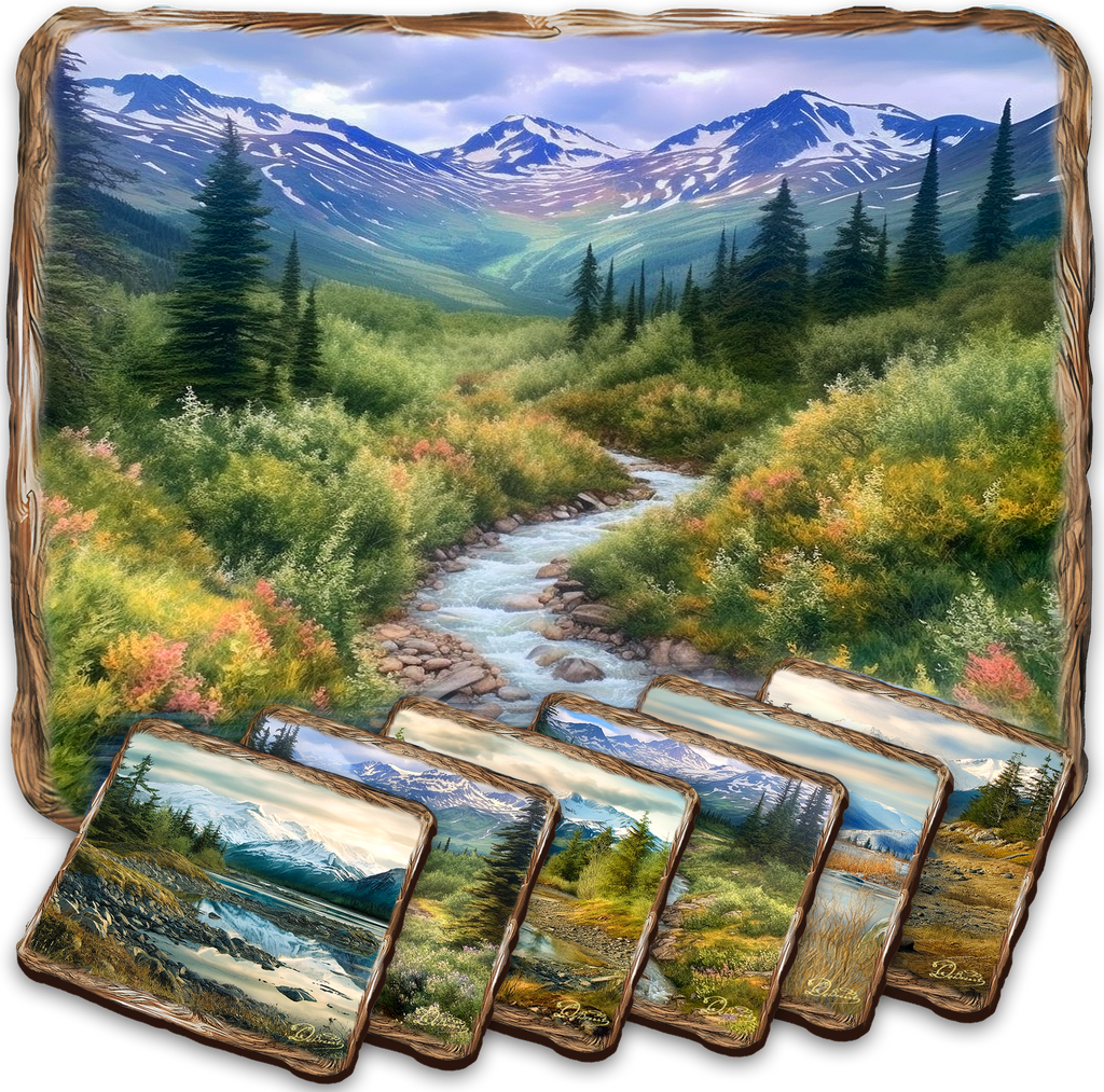 A collage of six landscape paintings depicting various scenic mountain and forest scenes, with a winding river flowing through the center.