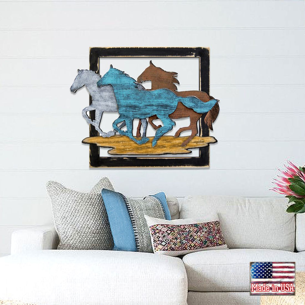 Wild Stallions in Frame Wooden Wall Decor by G. DeBrekht - Nature Wildlife Decor - G98159S3