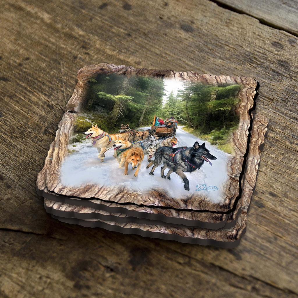 Husky Ride Wooden Cork Coasters Gift Set of 4 by Nature Wonders Nature Wildlife Decor - 95401C-S4