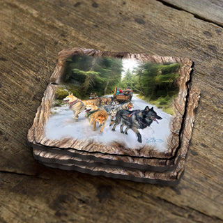 Husky Ride Wooden Cork Coasters Gift Set of 4 by Nature Wonders Nature Wildlife Decor - 95401C-S4