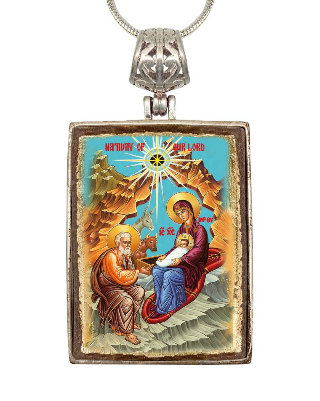 a religious icon depicting the Nativity of the Virgin Mary and baby Jesus, with the text