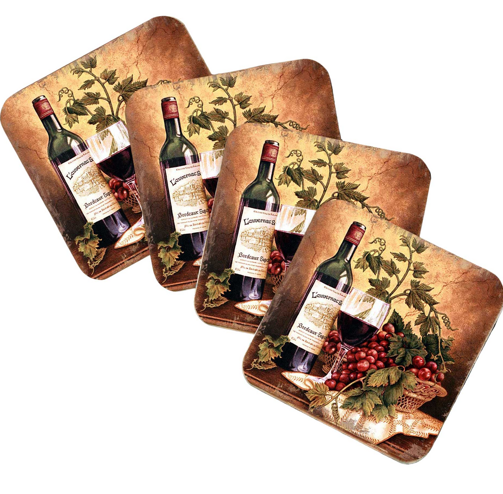 a set of four coasters with a wine-themed design. Each coaster features a bottle of wine and a glass of wine, along with some grapes and leaves, creating a rustic and elegant aesthetic.