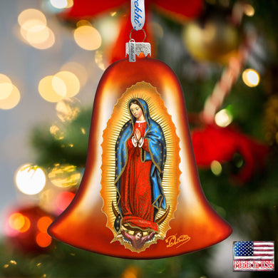 A red bell ornament with a depiction of the Virgin Mary, surrounded by a halo and a golden background.