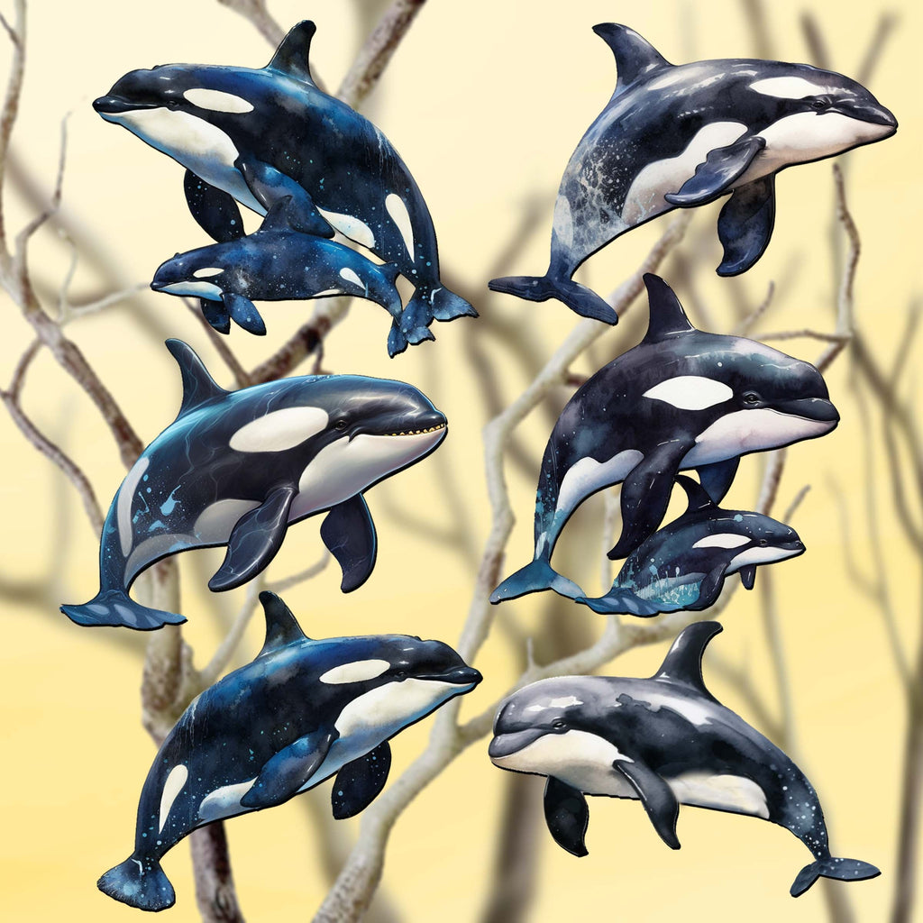 Majestic Orcas Clip-On Eco Wood Decorative Ornaments Set of 6 by G. Debrekht - Wildlife Decor - 8090102C-S6