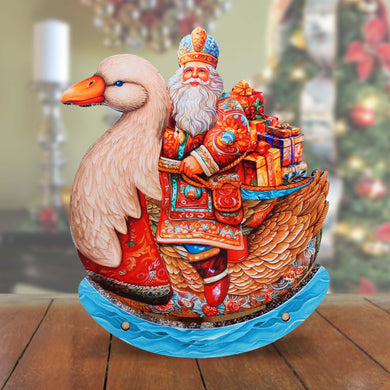 Charming Santa Riding Goose Limited Edition Wooden Figurine Centerpiece by G. Debrekht - Christmas Decor - 89314