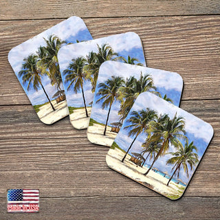 Palm Trees Beach Coastal Wooden Cork Coasters Gift Set of 4 by Nature Wonders - Coastal Sea-Life Decor - 95258C-S4