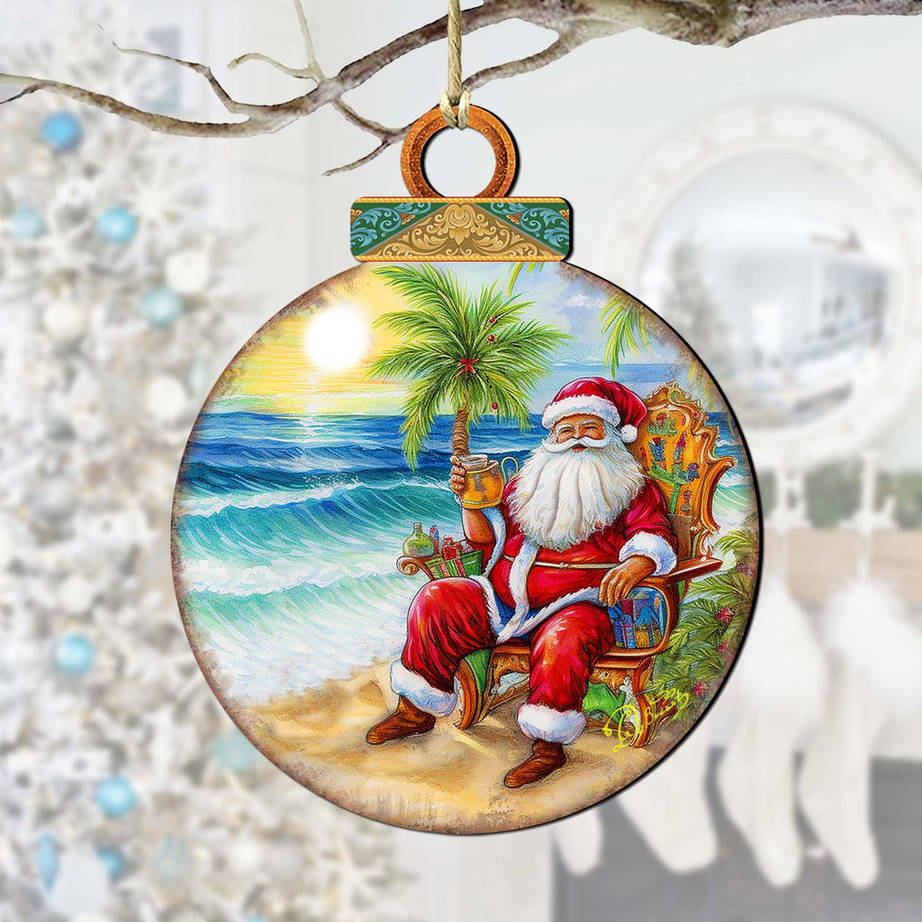 Coastal Christmas Decor - Sunset with Santa Wooden Ornaments by G. Debrekht Coastal Holiday Decor - 8688183