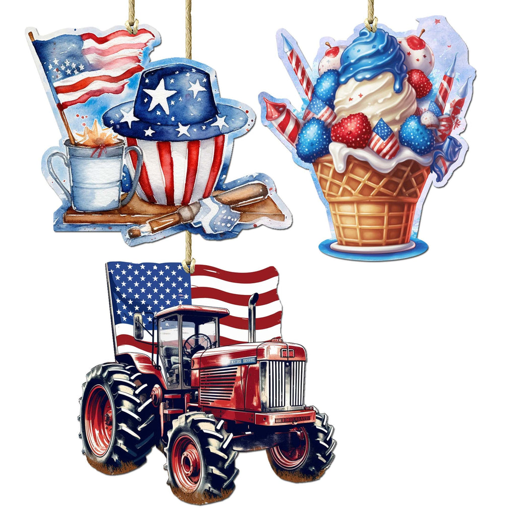 American Farmhouse Decorative Eco Wood Ornaments Set of 3 by G. Debrekht - Patriotic Decor - 8091001-S3