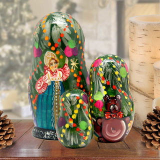 Christmas Tree and Snowmaiden Matreshka Nesting Hand-Painted Dolls Set of 3 by G. DeBrekht - Christmas Decor - 110151L