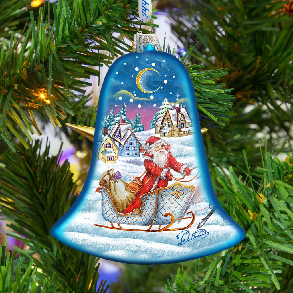 Santa Sleigh Bell Glass Ornament by G. DeBrekht - Christmas Santa Snowman Decor - 73341