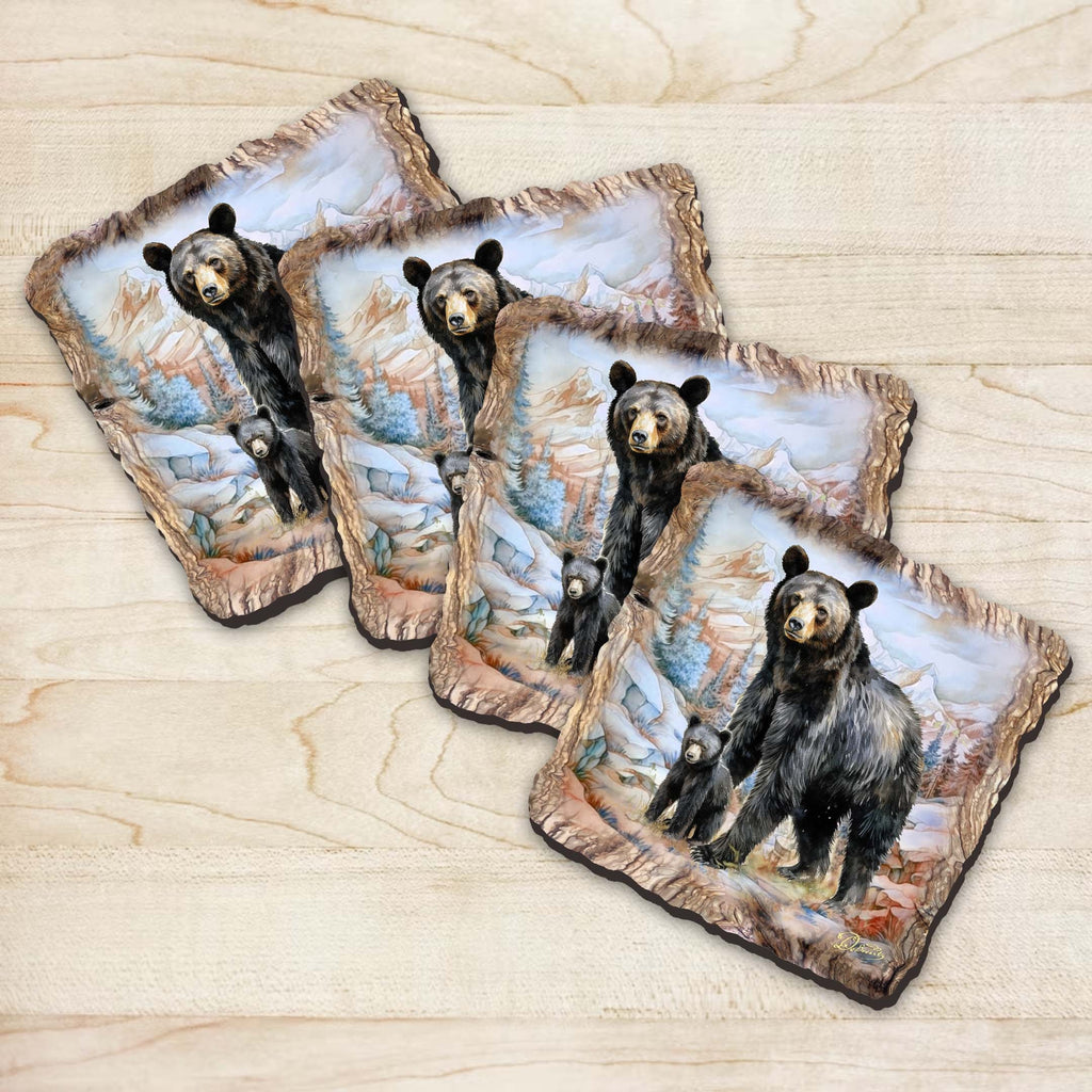 Black Bear Wooden Cork Coasters Gift Set of 4 by Nature Wonders Nature Wildlife Decor - 95398C-S4