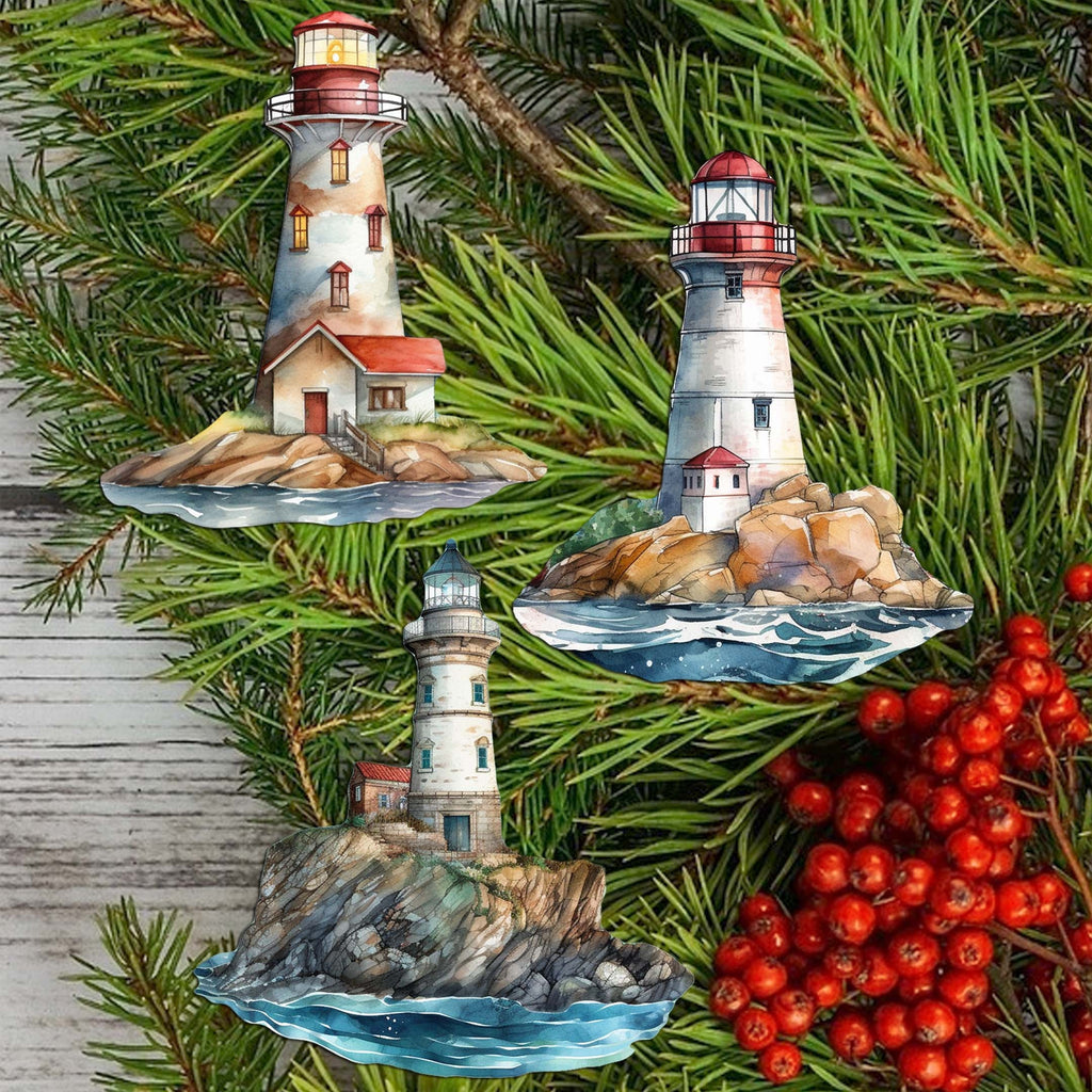 Lighthouse Clip-On Eco Wood Decorative Ornaments Set of 3 by G. Debrekht - Coastal Decor - 8091022C-S3