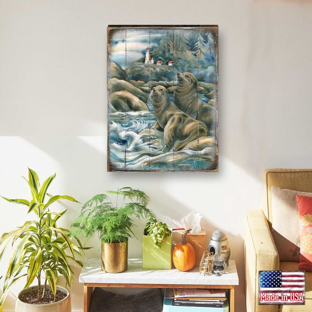 Lions of the Sea Lighthouse Caves Wooden Wall Art by J. Bergsma - Nature Wildlife Decor - 8592883BP-JB