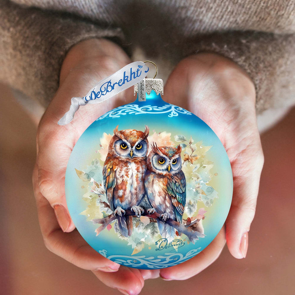 A Love for All Seasons: Wild Owls Ball Glass Ornament by G. Debrekht - Wildlife Holiday Decor - 73384
