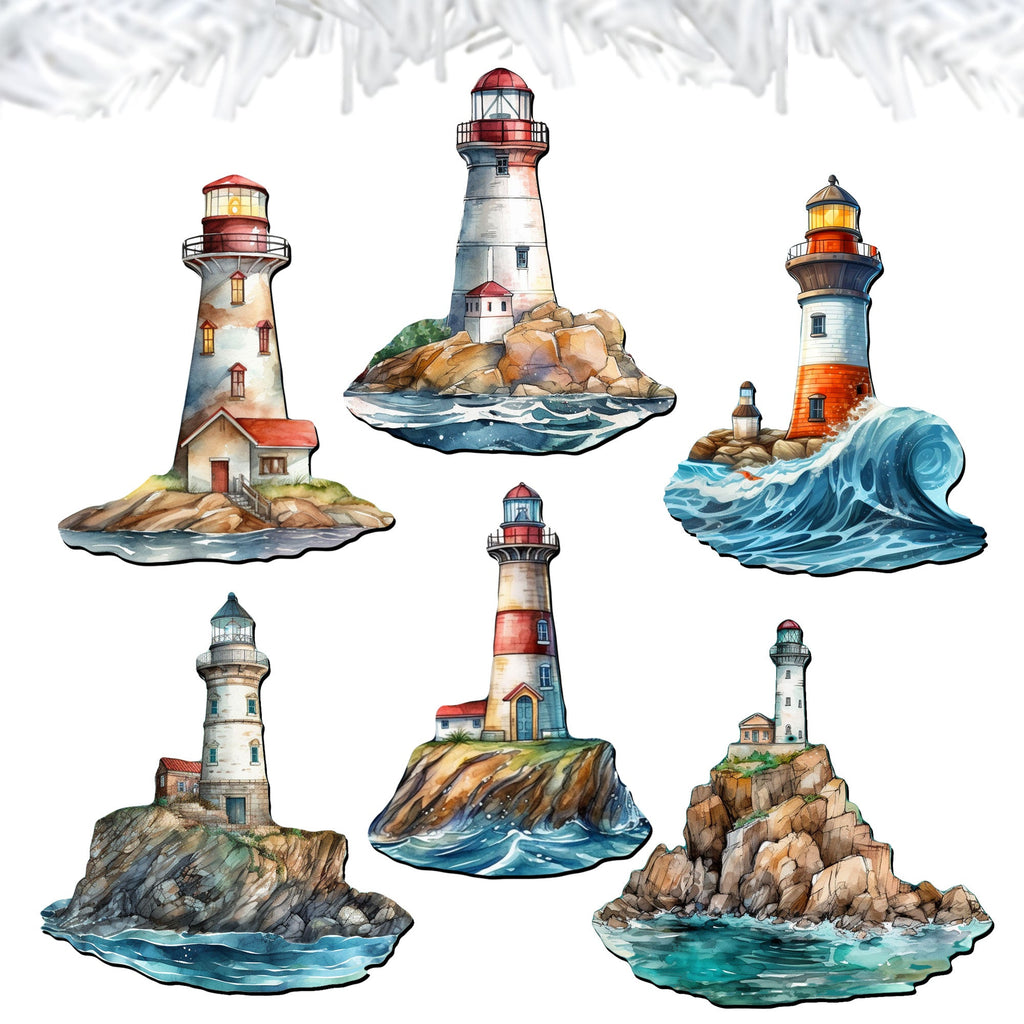 Lighthouse Clip-On Eco Wood Decorative Ornaments Set of 6 by G. Debrekht - Coastal Decor - 8090022C-S6
