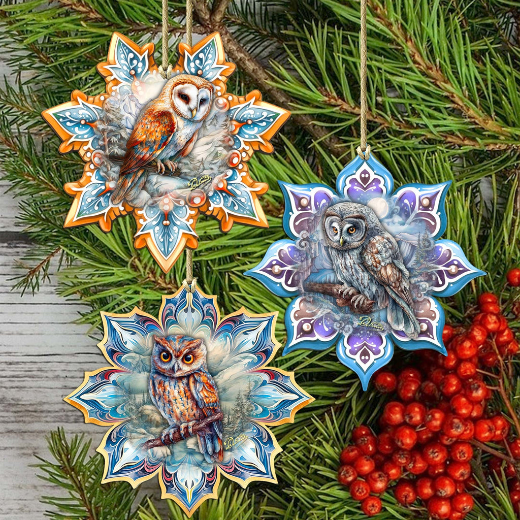 Owls Snowflake Eco Wood Ornaments Set of 3 by G. Debrekht - Nature Wildlife Decor - 8090152-S3