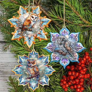 Owls Snowflake Eco Wood Ornaments Set of 3 by G. Debrekht - Nature Wildlife Decor - 8090152-S3