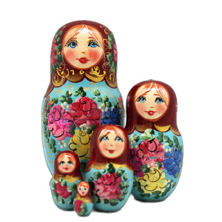Red Scarf Floral Matreshka Nesting Hand-Painted Dolls Set of 5 by G. DeBrekht - Christmas Decor - 140140-6