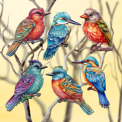 Colorful Birds Clip-On Eco Wood Decorative Ornaments Set of 6 by G. Debrekht - Christmas Decor - 8090003C-S6