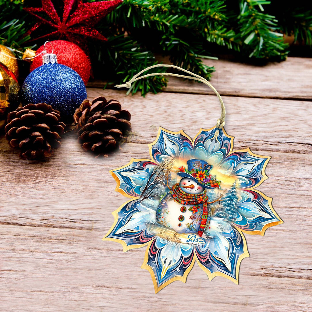 Snowman's Family Snowflake Large Wooden Ornament by G. Debrekht - Christmas Santa Snowman Decor - 8688428M